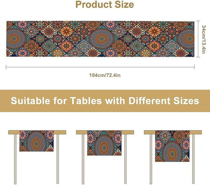 Bohemian Table Runner, Colorful Vintage Indian Mandala Floral Table Runners for Kitchen Dining Coffee Table Indoor Outdoor Party Decor, 13x120inch