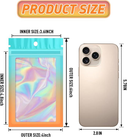 Funfery 100 Pack Holographic Bags,Mylar Resealable Bags with Zipper,Clear Window Packaging Pouch,Foil Bag for Food Storage,Sample Jewelry Bag(4×6in,Blue Orange)