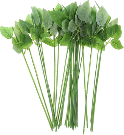 Veemoon 30pcs Floral Wire Stem with Leaves Artificial Plastic Rose Floral Wire Stems DIY Craft Bouquet Making Floral Arrangement Tools for Wedding Bouquet Centerpiece Home Decor
