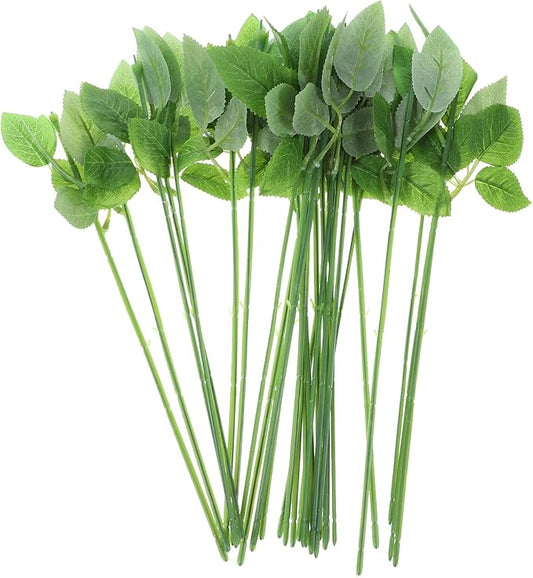 Veemoon 30pcs Floral Wire Stem with Leaves Artificial Plastic Rose Floral Wire Stems DIY Craft Bouquet Making Floral Arrangement Tools for Wedding Bouquet Centerpiece Home Decor