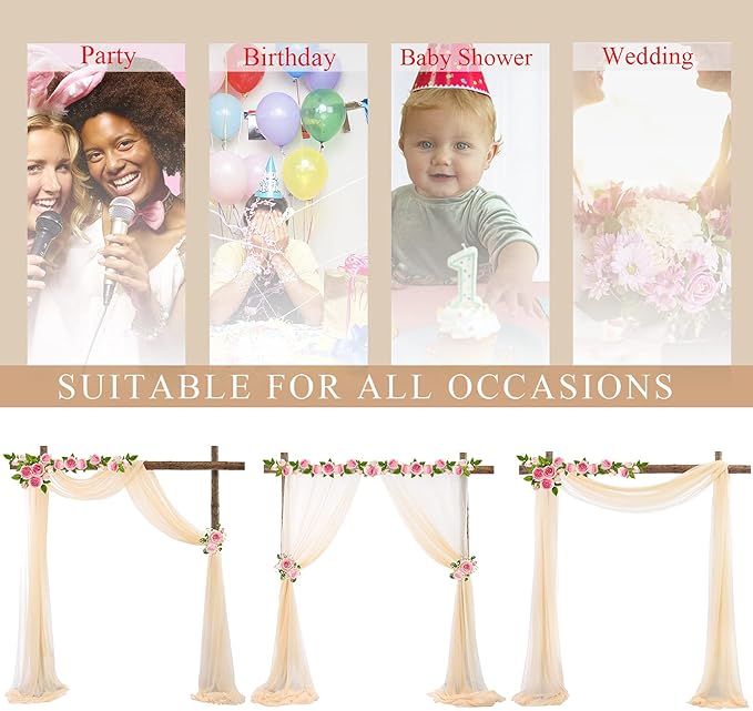 Champagne Arch Drapes for Wedding Arch Draping Fabric 2 Panel Sheer Backdrop Curtain for Ceremony Bridal Party Decor 6 Yards 19Ft Length x 28" Width