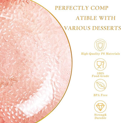 Rubtlamp 60 Pieces Pink Gold Plastic Plates - 10 inch Pink Plastic Dinner Plates - Hammer Pattern Design - Fancy Clear and Gold Disposable Plates Ideal for Mother's Day