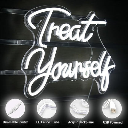 Treat Yourself Neon Signs White Led Sign for Bedroom Wall Letter Neon Lights Wedding Signs Neon Room Decor for Birthday Gift Party Home Decor Bar