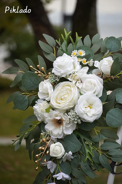 Faux Arch Flower Swag Set of 2 for Wedding Welcome Signs Floral Swag Wedding Reception Ceremony Signs Decor (White)