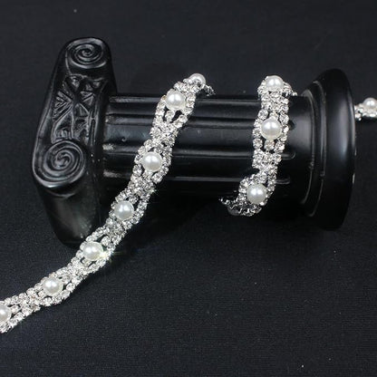 PEARLY JUN 2 Yards Pearl Rhinestone Trim Chain Silver Crystal Fringe Diamond Applique Ribbon String Tassel Strip for Sewing Wedding Dress Crafting Crafts Flower Embellishments
