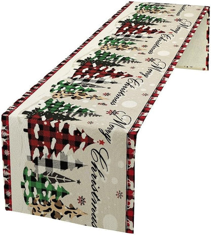 Christmas Tree Table Runner,Farmhouse Xmas Trees Buffalo Plaid Winter Snowflake Tablecloth Burlap for Hotel Indoors Outdoor Dining Room Kitchen Home Decor,W13X L90 in