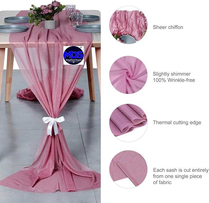 MDS 20 Pack 10ft Chiffon Table Runner 29 x 120 Inches Sheer Wedding Runner Romantic Rustic Table Runner for Wedding Decorations, Birthday Parties, Bridal Shower Party Arch Decor - mauva
