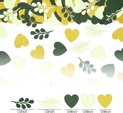 200PC Sage Green Heart Confetti for Wedding Baby Shower Engagement Birthday Bachelorette Party Decorations Greenery Eucalyptus Leaves Table Scatter for Bridal Shower Decor