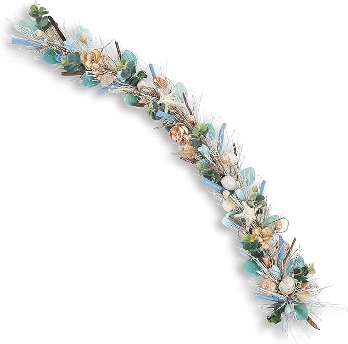 5' Coastal Shell Garland – Handcrafted Holiday Tree Wall Decor with Capiz Shells, Driftwood & Twigs – Coastal Elegance for Home, Mantle Decor, Bedroom, Dining & Doorway