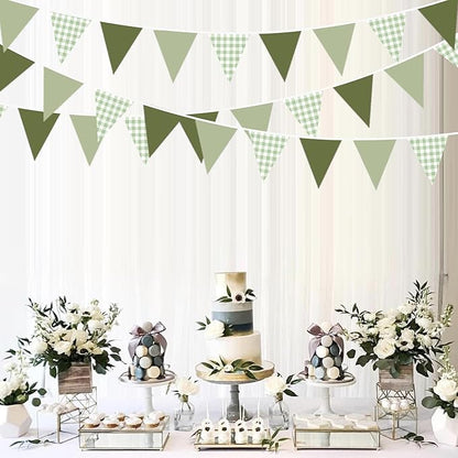32Ft Sage Green Party Decorations Sage Gingham Banner Olive Green Buffalo Plaid Checkered Triangle Flag Pennant Fabric Garland Streamers for Birthday Baby Shower Wedding Picnic Golf Party Decorations