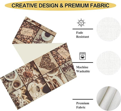 Coffee Theme Table Runner, Rustic Farmhouse Coffee Cup Latte Cappuccino Tea Party Cafe Table Center Decor for Home Kitchen Dining Patio Holiday Party Indoor Outdoor Table Decorations, 13"x90" Inch