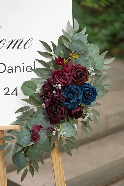 Navy and Burgundy Flower for Wedding Welcome Signs Decorations, Artificial Burgundy Wedding Arch Flowers for Wedding Ceremony (Set of 2)
