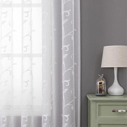 VISIONTEX White Leaves Sheer Voile Curtains, Decorative Embroidery Rod Pocket Window Drapes for Home Living Room and Bedroom 54 x 63 Inch, Set of 2 Curtain Panels