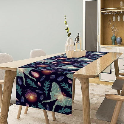 Moth Table Runner, Retro Boho Aesthetic Blue Moth Magic Table Runner for Home Kitchen Dining Party Indoor Outdoor Decoration 13x108 Inch