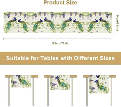 Peacock Table Runner,Spring Plant Butterfly Print Seasonal Table Runner for Home Kitchen Dining Party Indoor Outdoor Decoration 13x108 Inch
