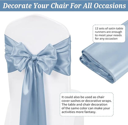 12 Pack Dusty Blue Satin Table Runner,12 x 108 inch Long Premium Smooth Table Runner for Wedding, Banquets, Birthday, Party, Graduation, Engagements,Table Runners fit Rectangle and Round Table