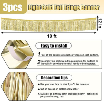 3 Pack 10 Long Light Gold Metallic Foil Fringe Garland Wall Hanging Tassle Banner, Mother's Day, Easter, Parade Floats, Birthday, Theme Party, Wedding Party Decorations