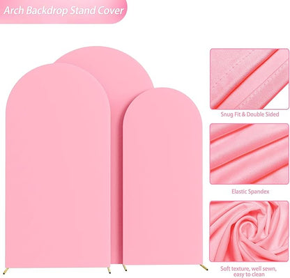 Wokceer Wedding Arch Cover (7.2FT, 6.6FT, 6FT) Set of 3 Spandex Fitted Wedding Arch Stand Covers for Round Top Chiara Arch Backdrop Stands Cover for Birthday Party Ceremony Banquet Decor Pink