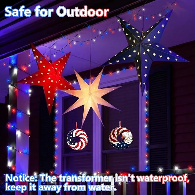 YEGUO 4th of July Decorations Red White and Blue Lights, 66ft 200 LED String Light Plug in with 8 Modes Memory for Patriotic Independence Memorial Day Decor