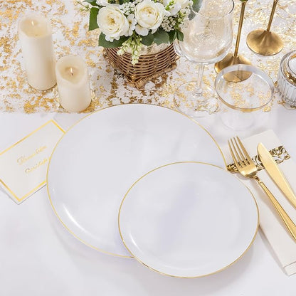 NOCCUR 350PCS Gold Disposable Dinnerware Set for 50 Guests - White and Gold Plastic Plates Include 50 Dinner/Dessert Plates, 150 Silverware and 50 Napkins/Cups Ideal for Fall Party&Thanksgiving