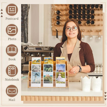 3 Tier Greeting Card Display Stand Wood Color Bamboo and Acrylic Sticker Display Stand Trading Card Holder Retail Photos Shelf for Vendors Craft Collection & Show