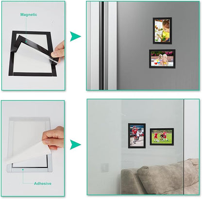 CRUGLA 4x6 Magnetic Picture Frames for Refrigerator 12 Packs, Modified Magnetic Sheet with Self Adhesive Backing, Black 4 by 6 Photo Frame Set for Locker Glass Window Door Cubicle