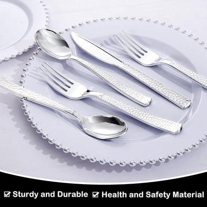 Supernal 180 pieces Silver Plastic Silverware, Disposable Plastic Silverware Heavy Duty, Silver Disposable Cutlery Sets Include 60 Forks, 60 Knives and 60 Spoons Suitable for Birthday, Party, Wedding