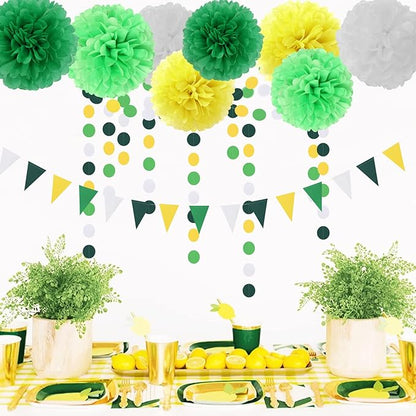 Yellow Green White Party Decorations - 30pcs Tissue Pom Poms Streamers,Spring Summer Wedding Engagement Tassel Garland Banner,Graduation Birthday Baby Bridal Shower Decor Ouruola