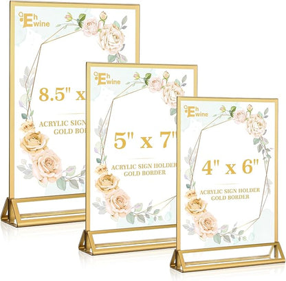 EHWINE 16 Pack Acrylic Sign Holder 8.5 x 11, Double Sided Gold Picture Frame Stand up Table Top Sign Holders, Clear Display Stand Menu Flyer Holder for Wedding Party (Provide Non-slip Mats)