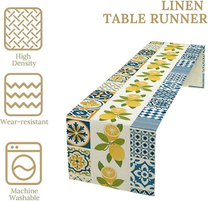 Lemon Table Runner,Watercolor Blue Fruits Green Leaves Print Table Cloth Kitchen Dining Table Home Party Decoration 13x90 Inch