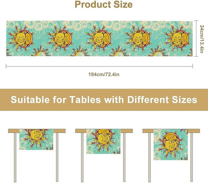 Retro Sun Moon Table Runner, Phase of The Moon Vintage Cloud Table Runner for Kitchen Dinner Living Room Table Runner Yellow Floral, 13x120 Inch Yellow Blue