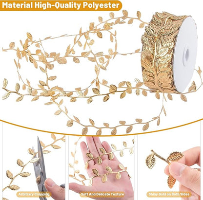 IHKFILAN 21.9Yards Gold Leaf Ribbon,Artificial Leaf Ribbon,Gold Leaf Trim for DIY Craft Garland Wrapping,Baby Shower Party,Wedding,Cake,Garland Hair & Home Decorations(Golden)