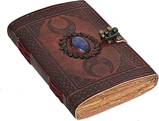 cuero 3 Moon Blue Lapiz Embossed Vintage Leather Journal for Men & Women - 128 Pages, Antique Handmade Deckle Edge Vintage Paper, Leather Journal Writing Notebook Dairy Gift (5 inch by 7 inch, Brown)