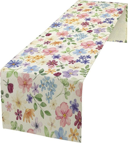 Floral Decorative Table Runner, Watercolor Floral Botanical Rustic Modern Style Pattern Printed Long Table Runner for Restaurant Kitchen Party,13in（33cm） W * 120in（305cm） L