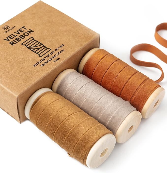 Vitalizart Fall Velvet Ribbon Set 3/8" x 15 Yd Wooden Spool Fabric Trim 3 Rolls * 5 Yd for Christmas Wreath Decoration Handmade Craft Ornaments Gift Wrapping & Bow Making