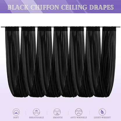 6 Panels Black Ceiling Drapes for Wedding 5ftx10ft Chiffon Fabric Arch Draping Curtains Sheer Drapery for Party Ceremony Birthday Baby Shower Reception Stage Swag Ceiling Decorations