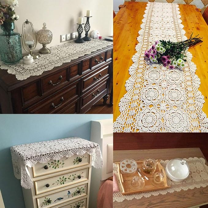 KEPSWET Cotton Handmade Crochet Lace Table Runner Blue Rectangle Coffee Table Dresser Decor (14x36 inch)