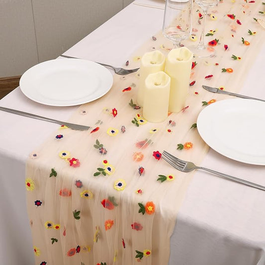 Champagne Floral Table Runner 10 FT, Embroidery Daisy Table Runners Seasonal Sheer Tulle Table Runner for Thanksgiving Wedding Birthday Baby Shower Party ﻿