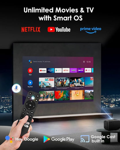 Smart 4K Projector for Bedroom, Indoor Outdoor Home Theater Projectors with WiFi, Bluetooth, NFC, Wireless Airplay Mirroring, Google TV, Dolby, HDMI ARC for Movie Night, Gaming, Halloween, Holiday