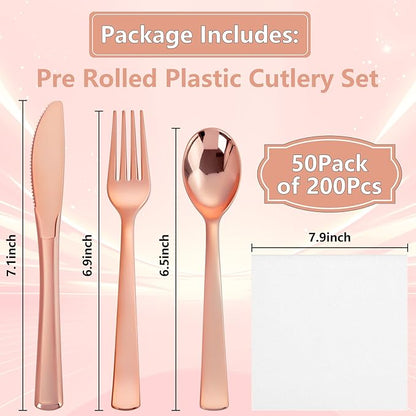 50Guests Pre Rolled Rose Gold Plastic Silverware Sets - Heavy Duty Rose Gold Cutlery - Include 50 Pack Wrapped Disposable Utensils with Napkins for Parties, Dinners & Weddings