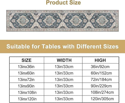 Boho Bohemia Style Table Runner, Vintage Blue Retro Flower Rustic Country Style Floral Print Pattern for Home Kitchen Table Decor Dining Coffee Room Garden Party Decor 13x108in