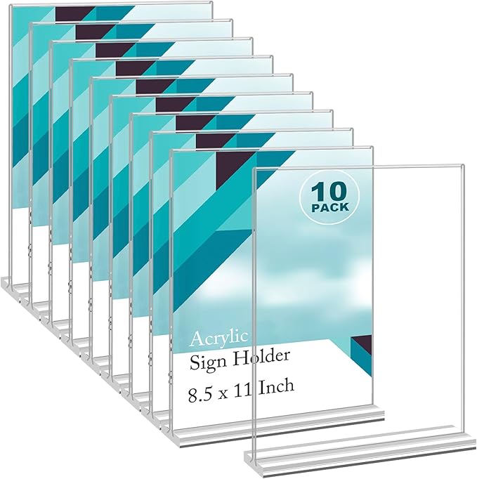 EHWINE Acrylic Sign Holder 8.5 x 11, 10 Pack Double-Sided Stand up Table Top Sign Holders, Clear Acrylic Picture Frame Menu Flyer Paper Holder Display Stand for Office Business Store Wedding Party