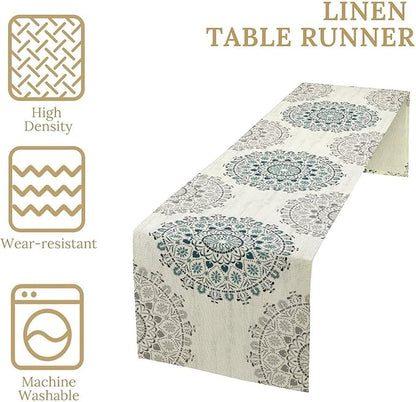 Boho Flower Table Runner, Bohemian Turquoise Mandala White Teal Floral Kitchen Dining Table Runners for Indoor Outdoor Home Party Holiday Decor, 13x60inch