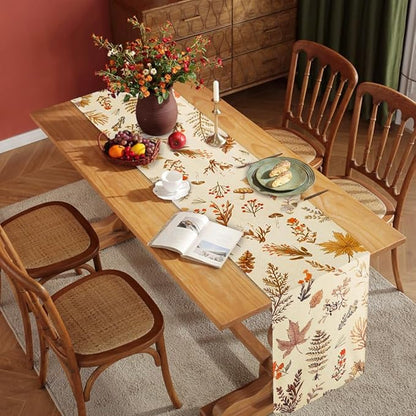 Grey Wildflower Leaves Floral Fall Table Runner, Seasonal Autumn Harvest Thanksgiving Burlap Farmhouse Indoor Outdoor Fall Kitchen Dining Decoration for Home Party 13x72 Inch