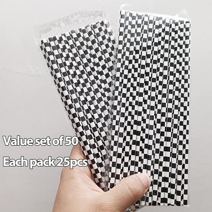 50 Pcs Checkered Flag Paper Straws Racing Car Straws Black and White Checkered Drinking Straws for Racing Birthday Party Decorations, Standard, Black/White