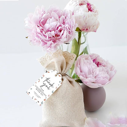 Andaz Press 100-Pack Personalized Thank You Tags with Bakers Twine Terrazzo Custom Cardstock Gift Tags for Wedding Party Favors 2 x 3.75-Inches