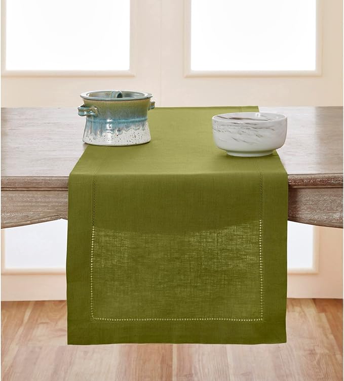 Solino Home Linen Avocado Green Hemstitch Table Runner 48 Inches - 100% Pure Linen Small Table Runner 14 x 48 Inch Ideal for Dresser and Coffee Tables - Classic Hemstitch - Fall, Autumn, Thanksgiving
