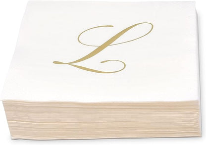 Gift Boutique 100 Gold Monogram Cocktail Napkins Letter L Disposable Paper Pack Elegant Metallic Golden Foil Hand Napkin for Powder Room Wedding Holiday Birthday Party Baby Shower Decorative Towels