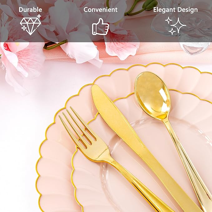 YOUBET 350PCS Pink Scalloped Plastic Plates - Pink and Gold Disposable Dinnerware Set Include 100 Plates, 150 Gold Silverware, 50 Cups, 50 Napkins for Wedding & Party
