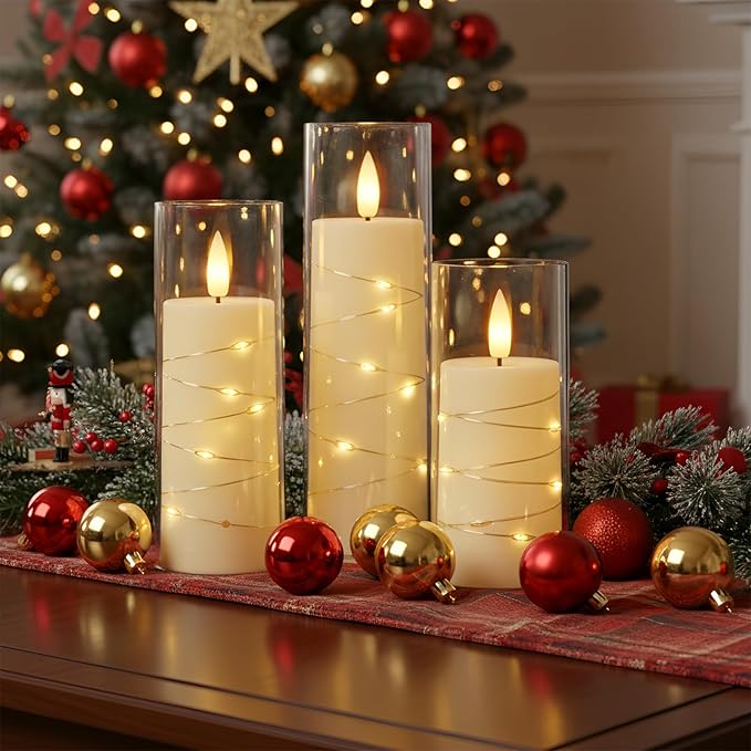 Raycare Flameless Candle with Remote Timer, 7 Flickering Acrylic Battery Operated LED Pillar Candles with Embedded Star String for Halloween, Home Decor, and as a Gift(Ivory)